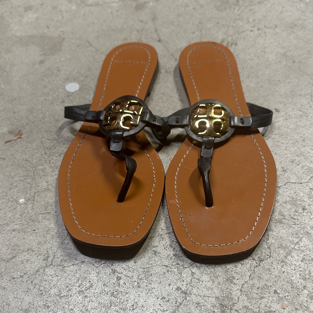 Tory Burch Brown Leather Thong Sandals with Gold Logo